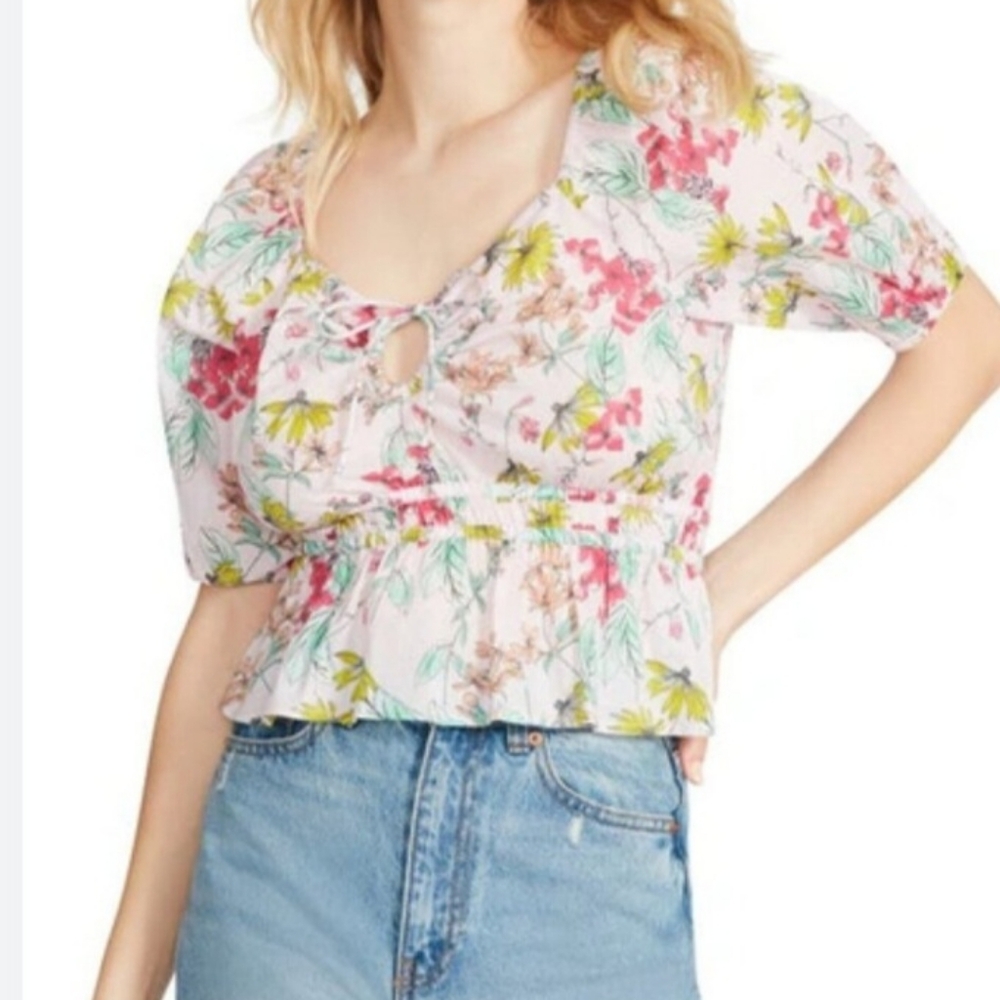 NWT STEVE MADDEN FLORAL PUFF SLEEVE CROP TOP IN PINK BOTANICAL